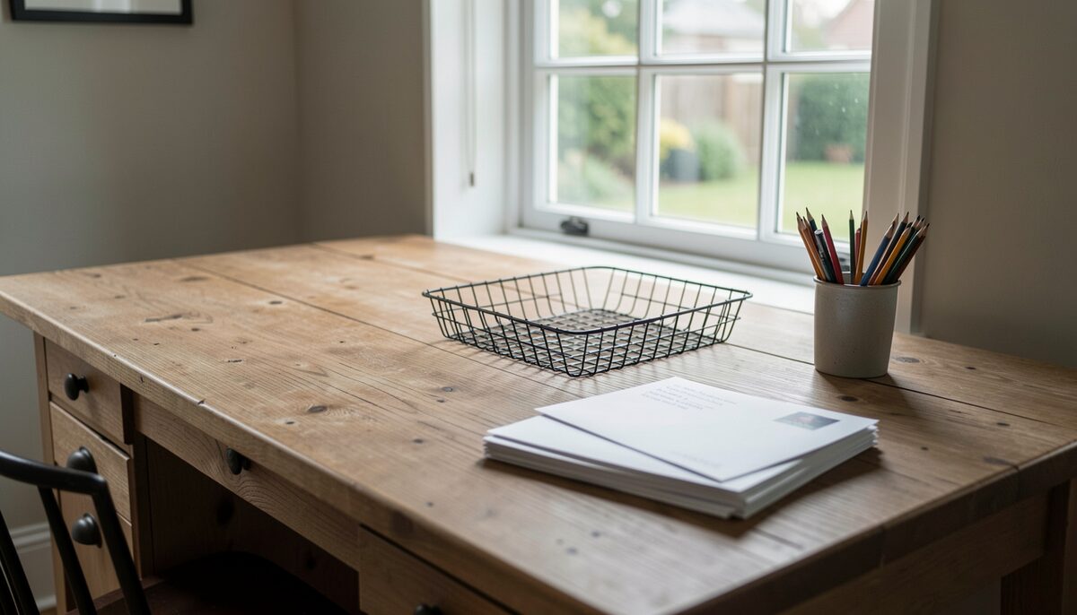 A long oak desk by a tall window, a wire letter tray, a stack of addressed envelopes and a cup of sharpened pencils.