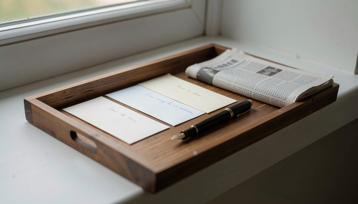 A shallow wooden tray on a windowsill holding three unopened letters, a fountain pen and a folded newspaper.