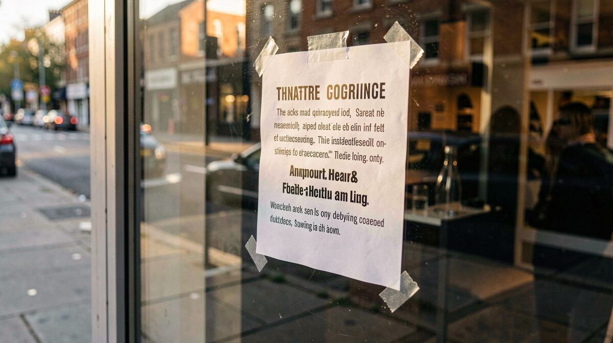 A hand-stapled paper notice for a theatre performance taped inside a shop window, late afternoon light across the glass, shot from the pavement at eye level with the street reflected behind it.