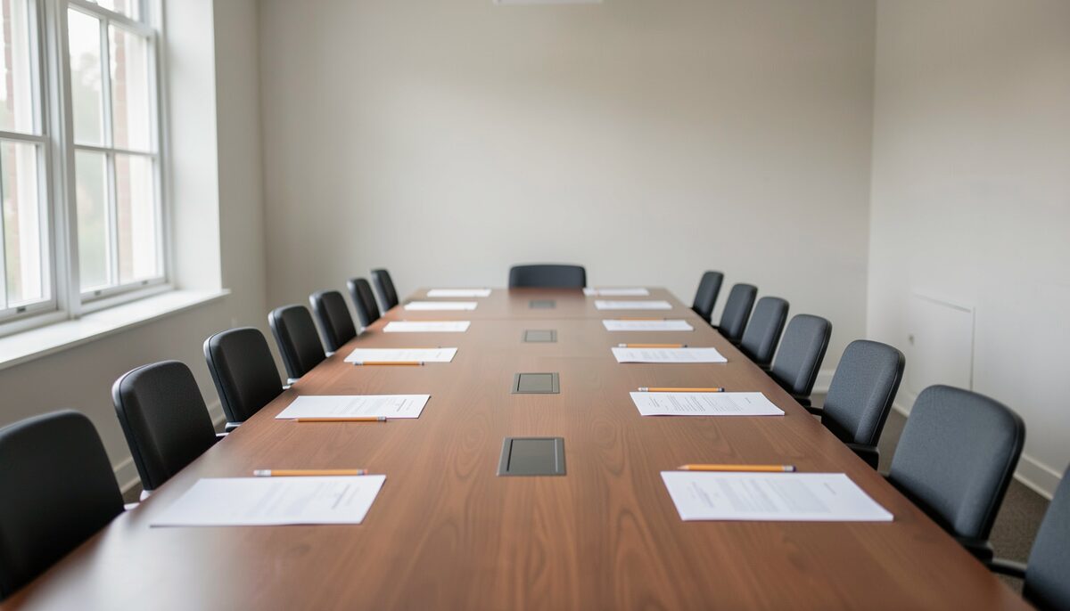 A long table in a borrowed meeting room, eight chairs pulled up to it, a paper agenda and a pencil at each place, daylight from tall windows on the left.