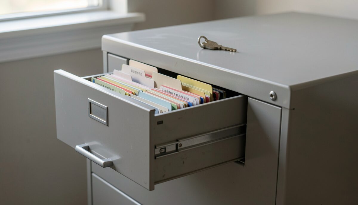 A closed metal filing drawer with a card index in front of it and a single key resting on the cabinet top.