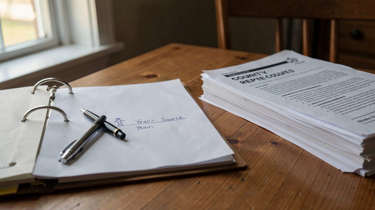 A ring binder open on a wooden table beside a stack of printed county reports, a pen resting on a page where a figure, a year and a source are written in one line, late afternoon light from a window on the left.
