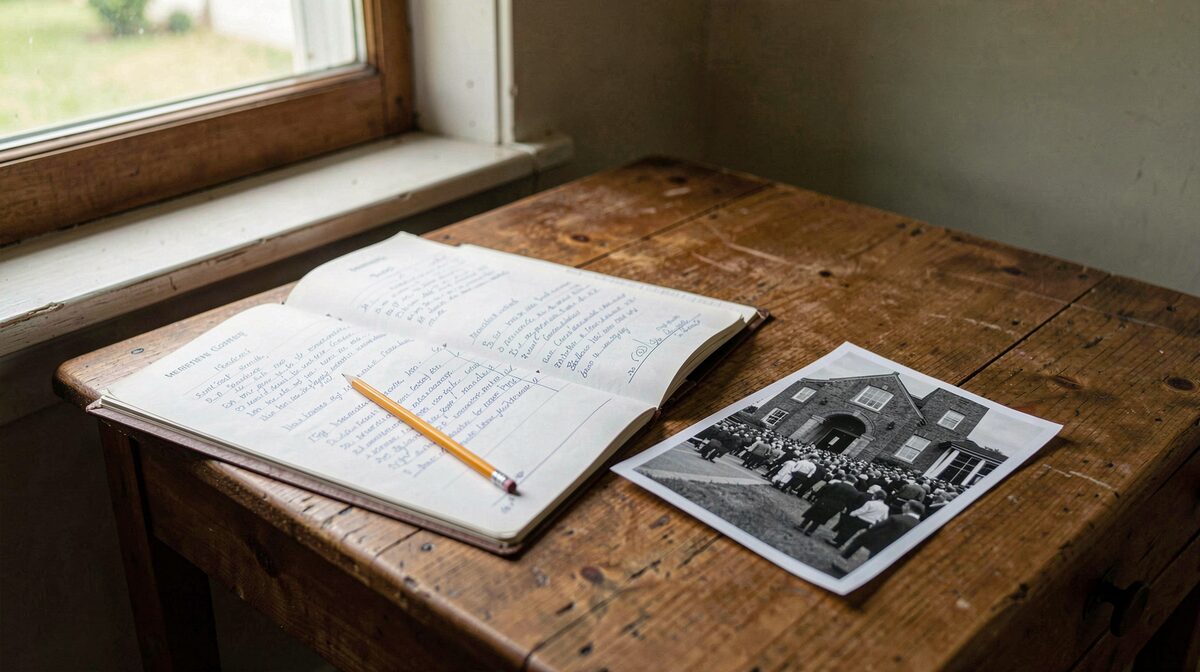 A wooden table under a window in a small county archive, holding an open folder of handwritten meeting minutes, a pencil, and a black and white photograph of a crowd outside a brick hall, lit by soft daylight from the left.