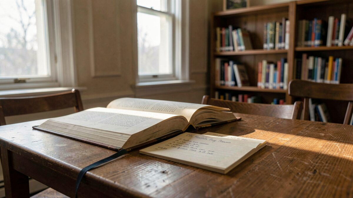 A reading room table in a small county library, an open bound volume of a regional review beside a handwritten index card, afternoon light from a tall window falling across the page.