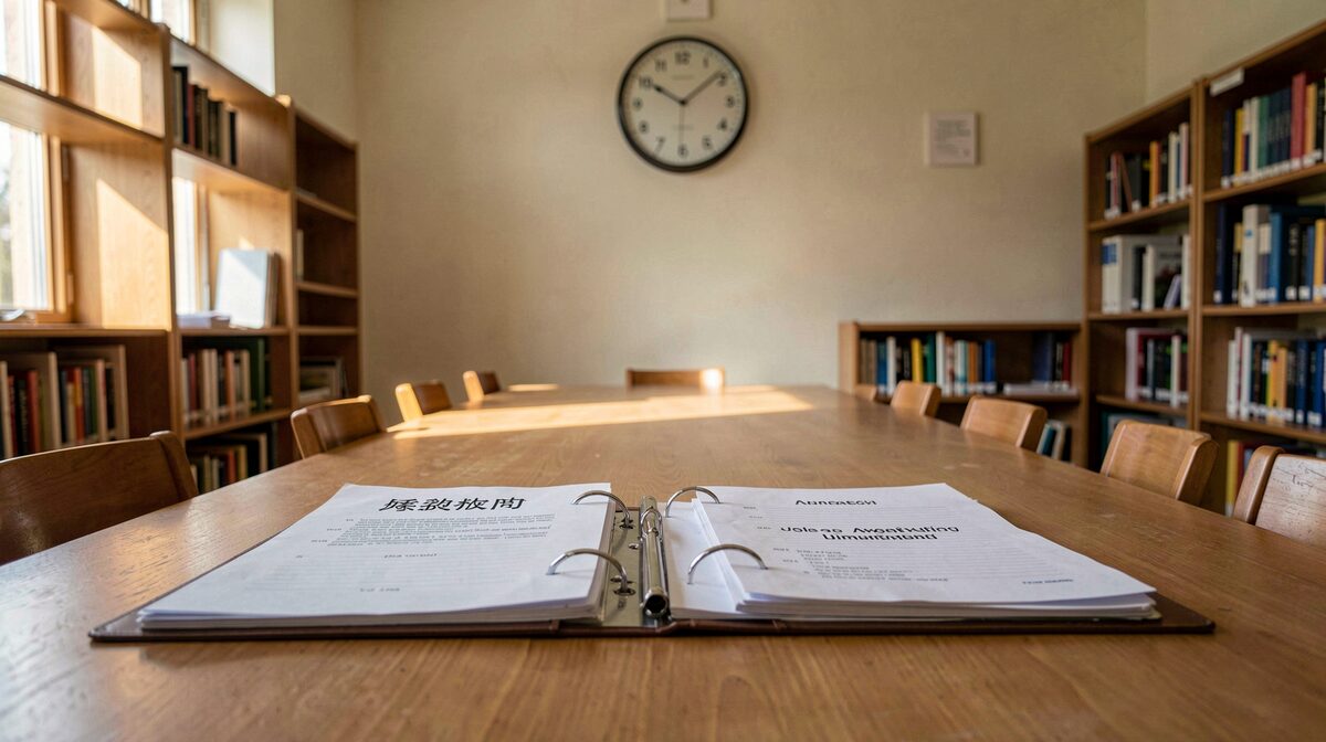 A wooden meeting table in a public library room, two ring binders open side by side, one labelled with a group name and one with an agency name, a wall clock above them, afternoon light through a tall window.